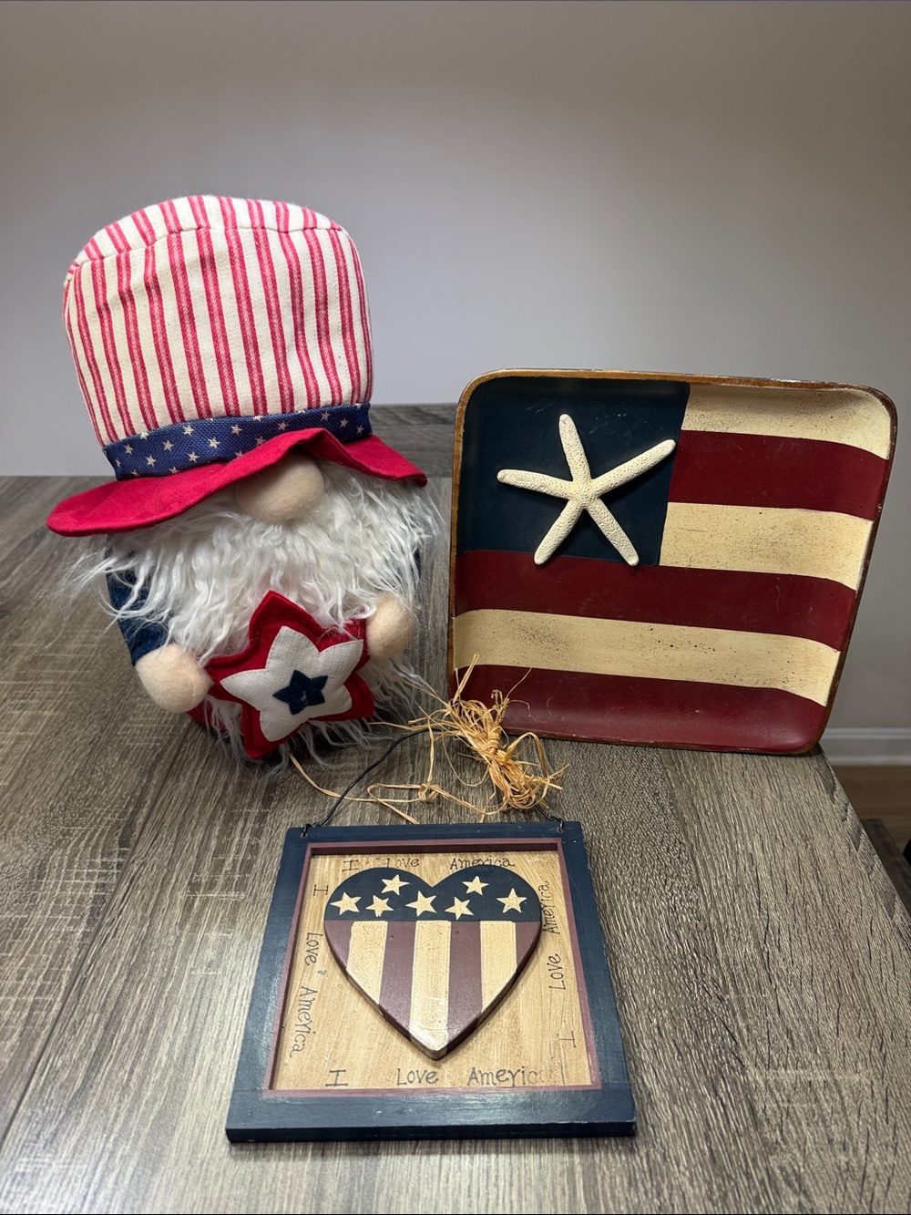 Vintage Americana Patriotic bundle Gnome Plush, wood tray and wood sign